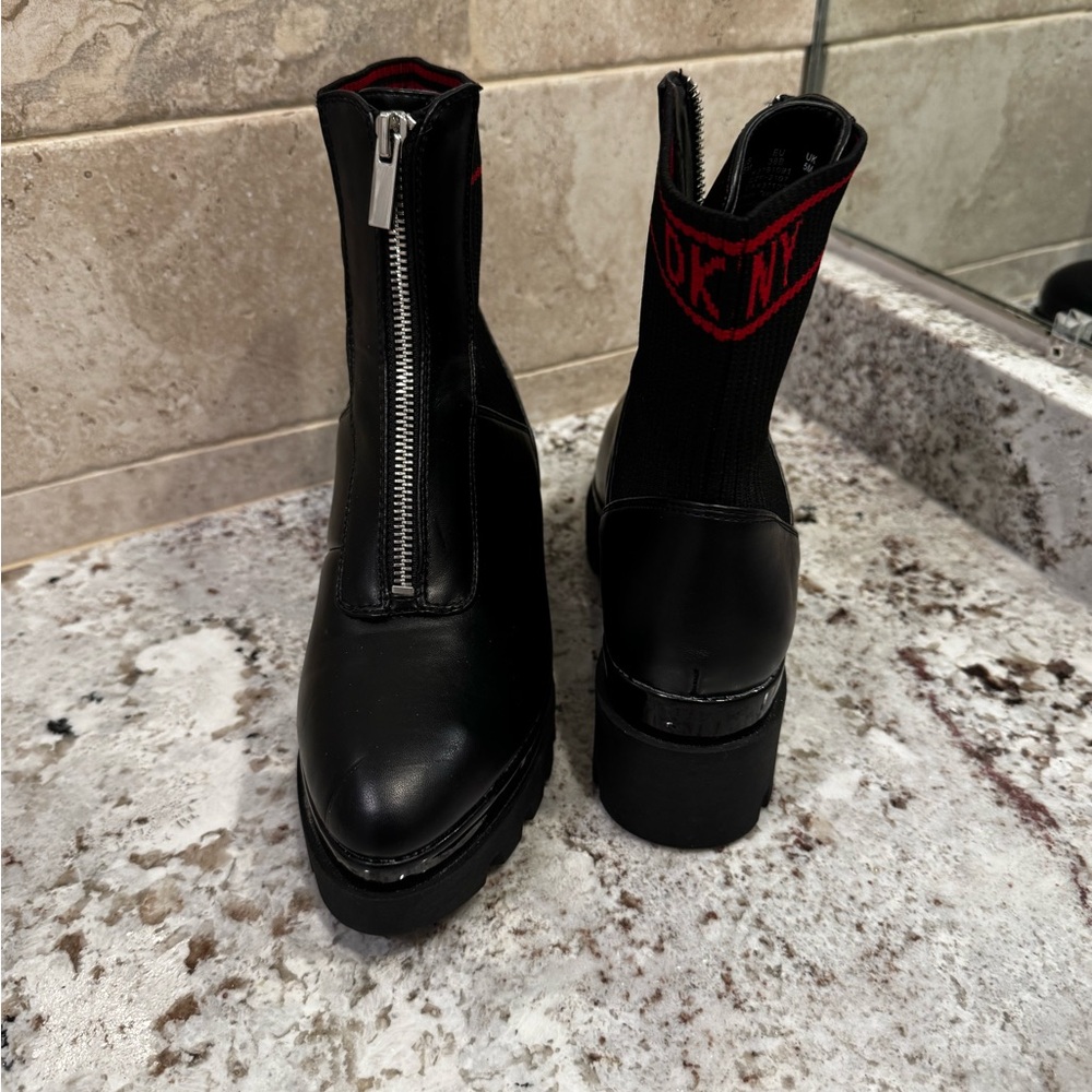 DKNY Black Ankle Booties with Red Accents